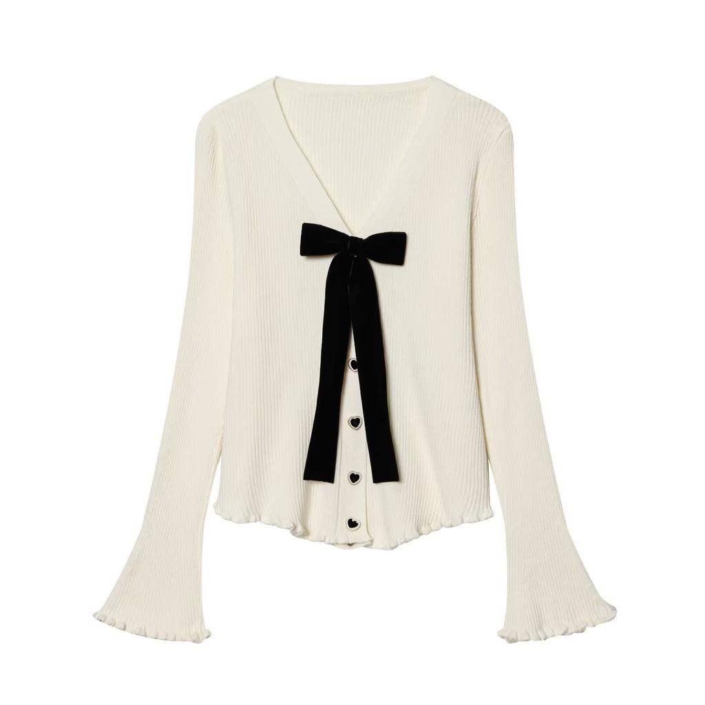 European and American style, new women's clothing, foreign style, fashionable, bow heart-shaped button-knitted cardigan