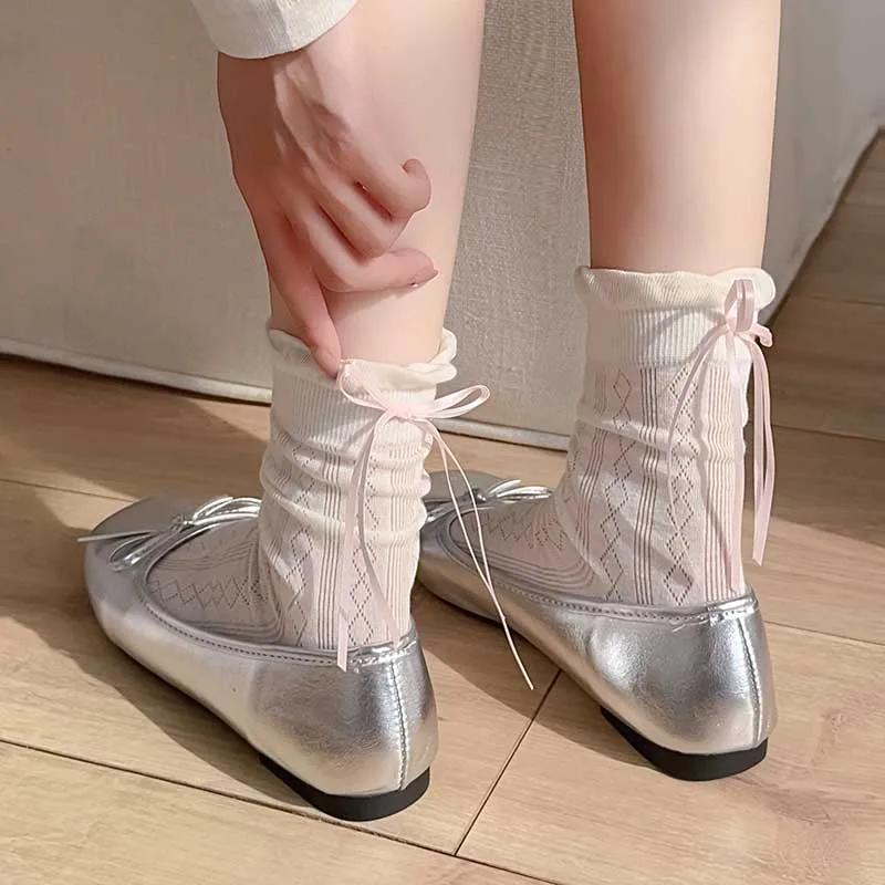 Socks For Women Korean Style New Solid Color Sweet Lolita Thin Socks Cute Breathable Bow Japanese Fashion Long Socks Female Mesh