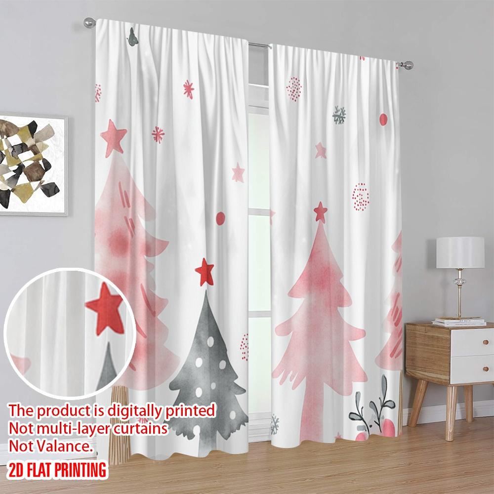 2pcs,2D plane printing Pattern Curtains Christmas Trees Stars Festive Cute (3) Polyester Fabric (without rod) Home Decor Use for
