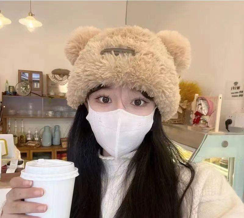 Зимняя меховая шапка женская утолщенная теплая вязаная шапка с большой окружностью головы милые медвежьи ушки шерстяная шапка прилив