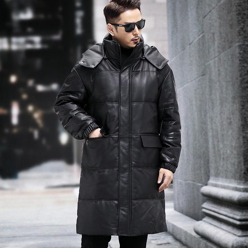 Новая зимняя кожаная куртка-пуховик, первый слой овчины, ветровка, теплая длинная куртка с капюшоном из натуральной кожи для мужчин