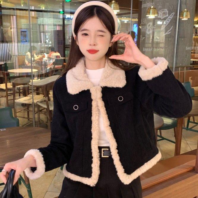 Женская укороченная куртка с длинным рукавом в стиле French Chic - Зимний повседневный стройнящий теплый топ