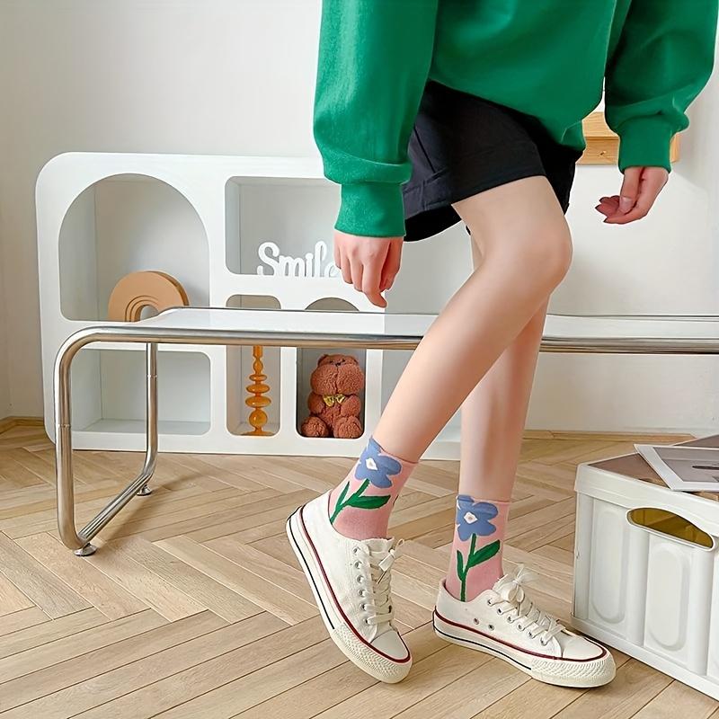 5pairs Socks Korean Japanese Style Cartoon Green Flower Harajuku Cute Kawaii Mid Tube Socks Breathable Casual Short Cotton Socks