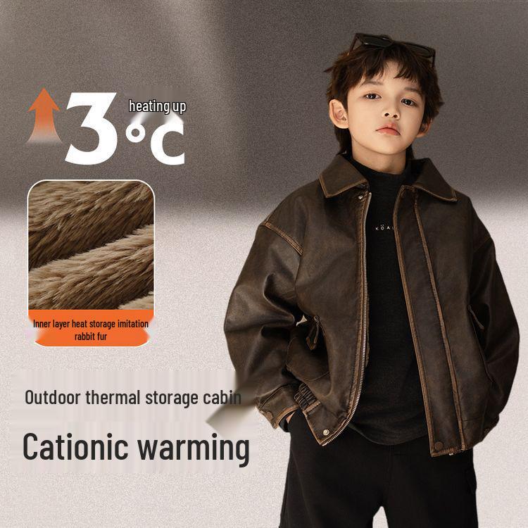 Кожаная куртка с флисовой подкладкой в уличном стиле для мальчиков на Осень/Зиму 2025 – Крутая и дерзкая верхняя одежда в корейском стиле