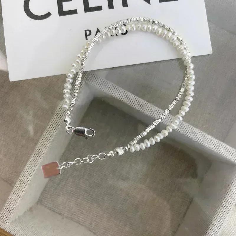 Браслет из серебра 925 пробы Двухслойный жемчужный браслет для женщин и девушек Винтажный роскошный дизайн Бусины Корейские украшения Браслет-шарм