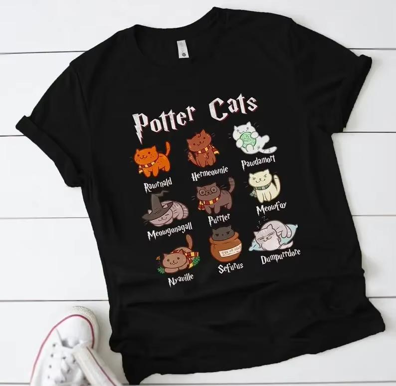 Cute Potter Cats Mom Graphic Tee Unisex Plus Size O Neck Harajuku Casual Daily Summer Cotton Short Sleeve Tops