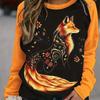 Color Blocking Round Neck Shoulder Long Sleeved Sweatshirt For Women, American Retro Loose Fox Print Top, Autumn