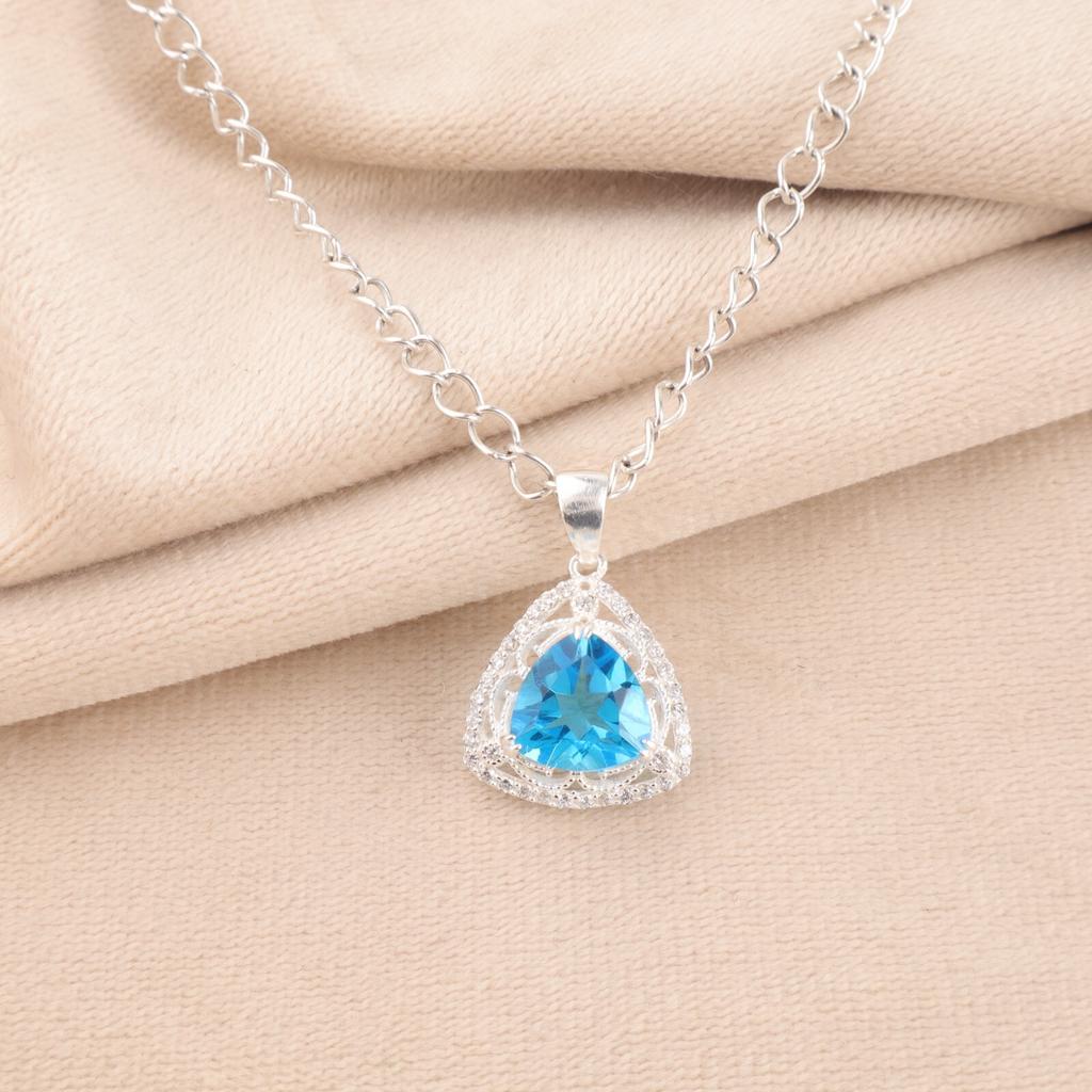 Swiss Blue Topaz Gemstone 925 Solid Silver Jewelry Zircon Pendant 0.99" For Girl CZP-8-8