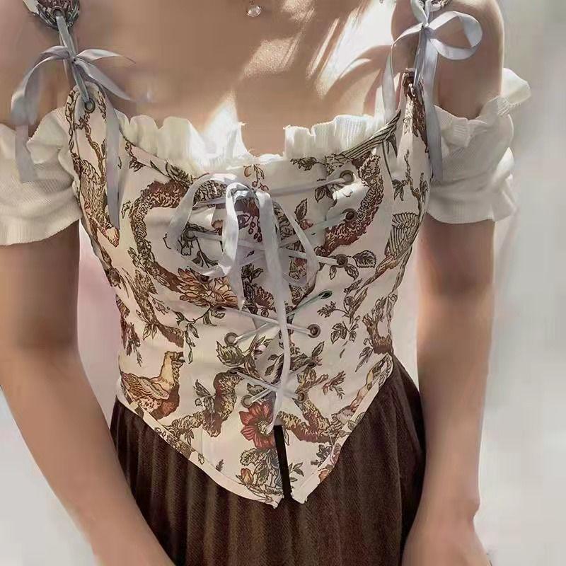 2023 Sexy Designer Vintage Print Halter Tops Women Chic Bandage Floral Corset Shirts Female High Street Party Club Ladies Top
