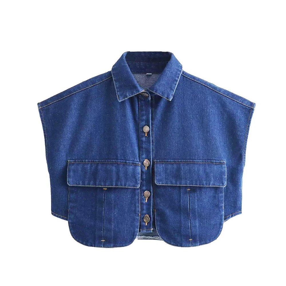 Patchwork Cropped Denim Shirt with Large Pocket Loose Denim Shirts  Commuting Tops