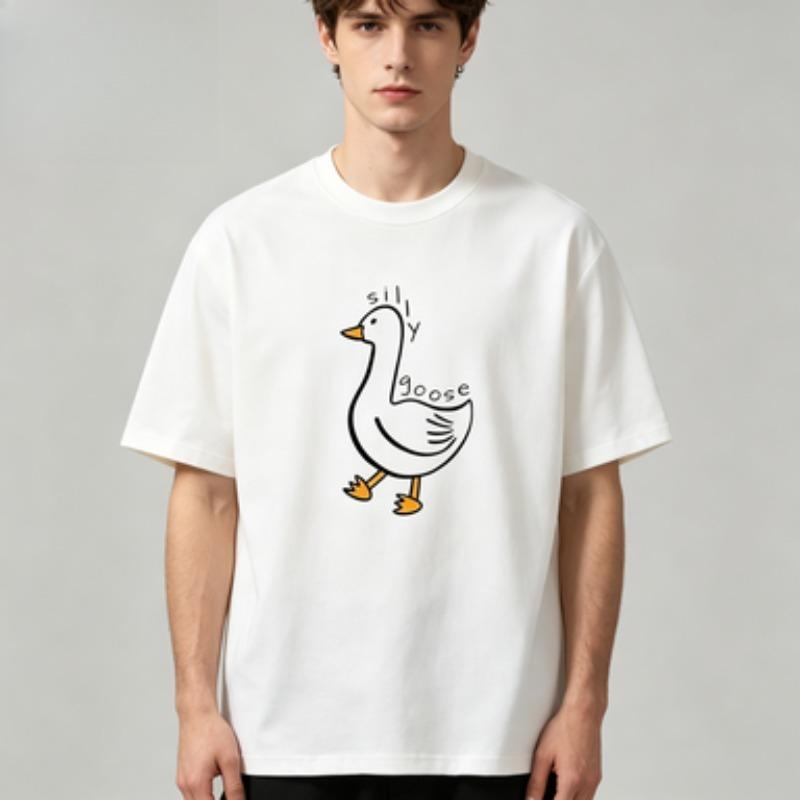 Cute Silly Goose Graphic Unisexs Cotton Crew Neck Tee Minimalist Line Drawing Soft Daily Regular Fit Unisexs Top