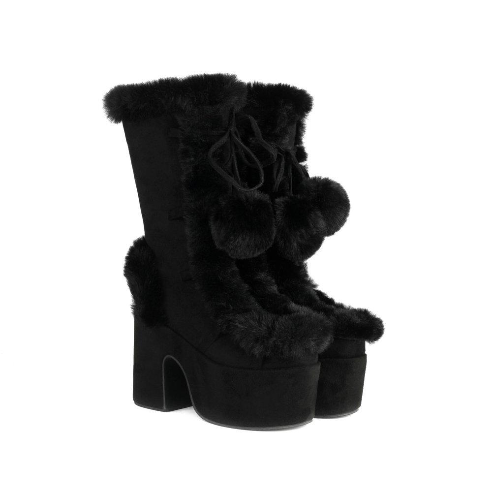 Lovely Lolita Mid-Calf Boots Women's Platform Thick Heels Sweet White Show Party Cosplay Ladies Fur Zipper Boots Pom-pom Pendant