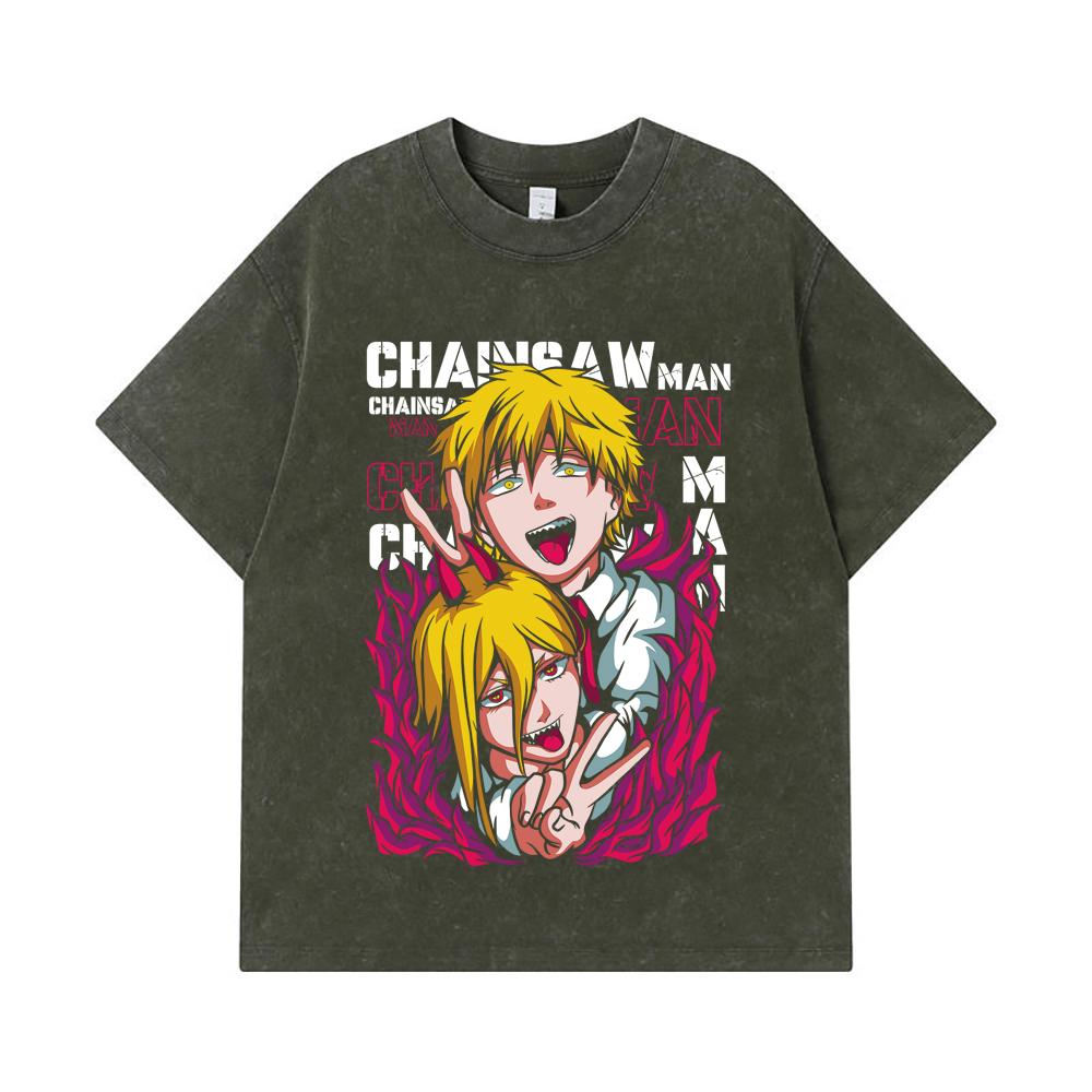 275 GSM Washed T-shirts 100% Cotton Chainsaw Man V39 Denji Power Print Unisex Heavy Cotton T Shirt