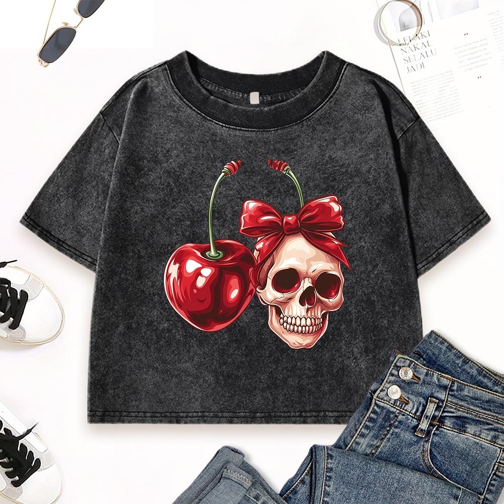 Красный скелет с принтом вишни Женская укороченная футболка с вареным эффектом Приталенная модная футболка Уличная хлопковая футболка с коротким рукавом Летние топы