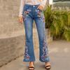 Women Jeans Floral Embroidery Flared Leg Button Zipper Closure with Pockets Mid Waist Plus Size Long Trousers for Dating Daily Wear Commuting
