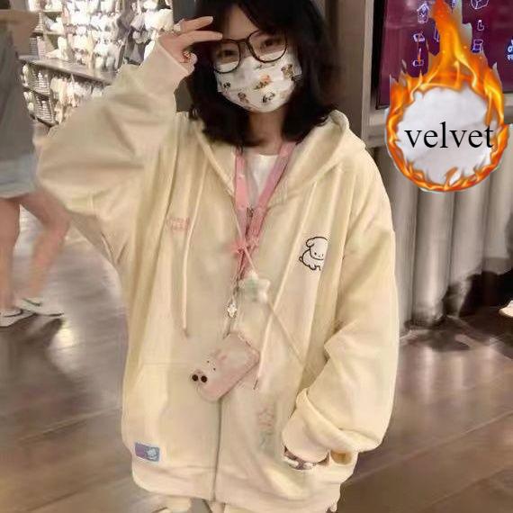 Harajuku Kawaii, розовая весенне-осенняя толстовка на молнии, женская толстовка в японском стиле, милая мультяшная бежевая куртка с капюшоном, большие корейские девичьи толстовки