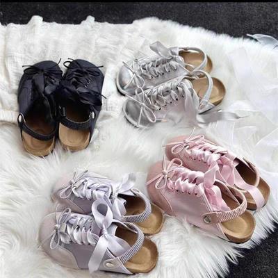 Плоская подошва носить прохладные тапочки женские летние новые тапочки двойного ношения бант сумка голова полушлепки плоская подошва удобные