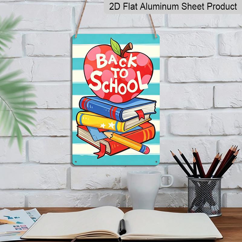 2D Flat, 1pc Cute "Back To School" Metal Wall Art Sign with Apple & Book Stack - 8*12 Inch Aluminium Rustic Classroom Decor, Colorful Cartoon Style