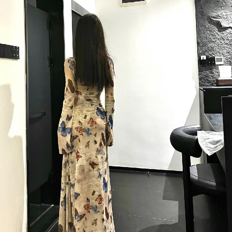 Ретро платье с принтом бабочек из ледяного шелка с длинным рукавом женское осеннее новое облегающее тонкое темпераментное юбка-карандаш