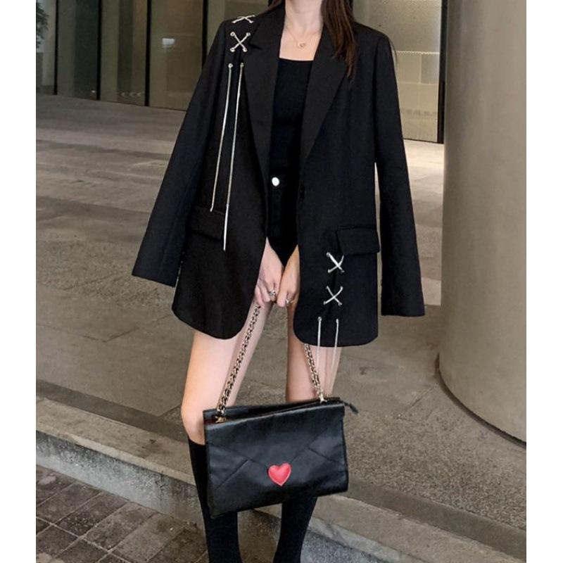 Винтажный готический черный пиджак женский корейский стиль цепочка длинный рукав свободный пиджак весна осень офисная женская верхняя одежда Harajuku