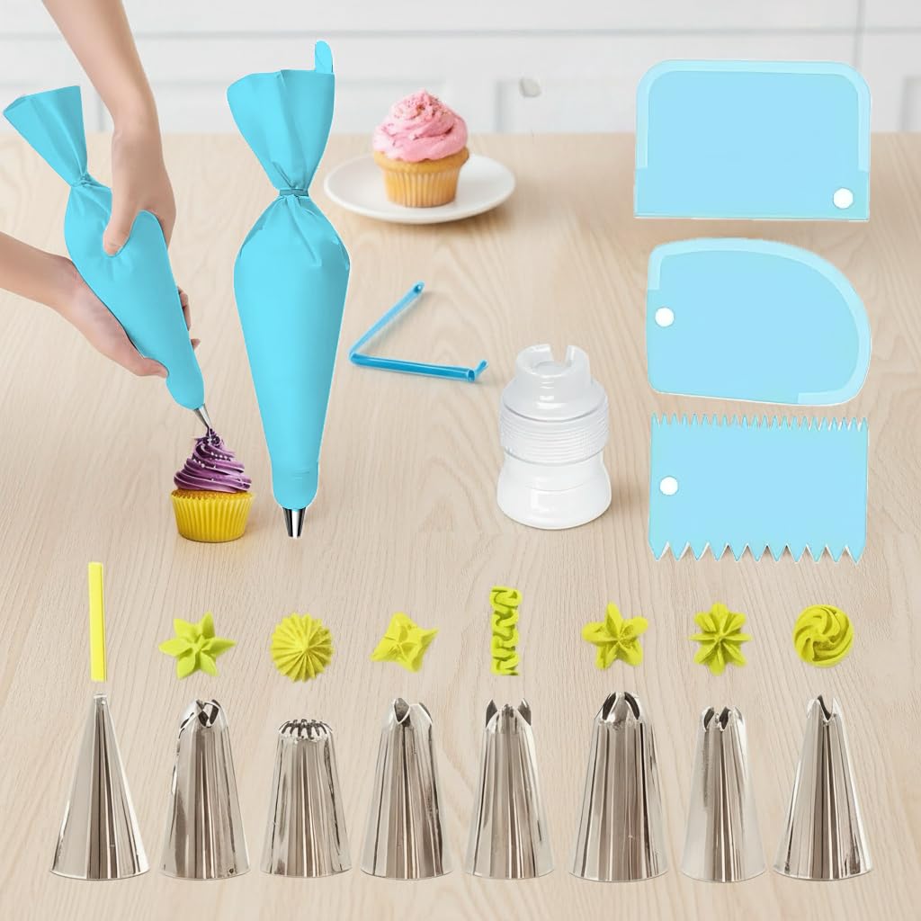 Piping Bags and Tips Set, 14 Pcs Cake Decorating Kit with 12.6 Inch Anti Burst Piping Bags with 8 Piping Tips, 3 Cake Scrapers,1 Coupler, 1 Bag Tie,