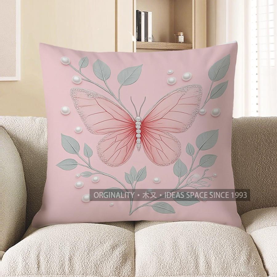 Home Decor Pink Butterfly With Pearls Throw Pillow Cover Pattern Cushion Cover Suitable For Sofa Bedroom Car Pillow Cover