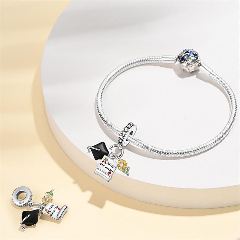 Выпускной Серия 925 Чистого Серебра Шляпа Бакалавра Сертификат Цветы Шармы Бусины Подходит Pandora Оригинальные Браслеты DIY Ювелирные Изделия