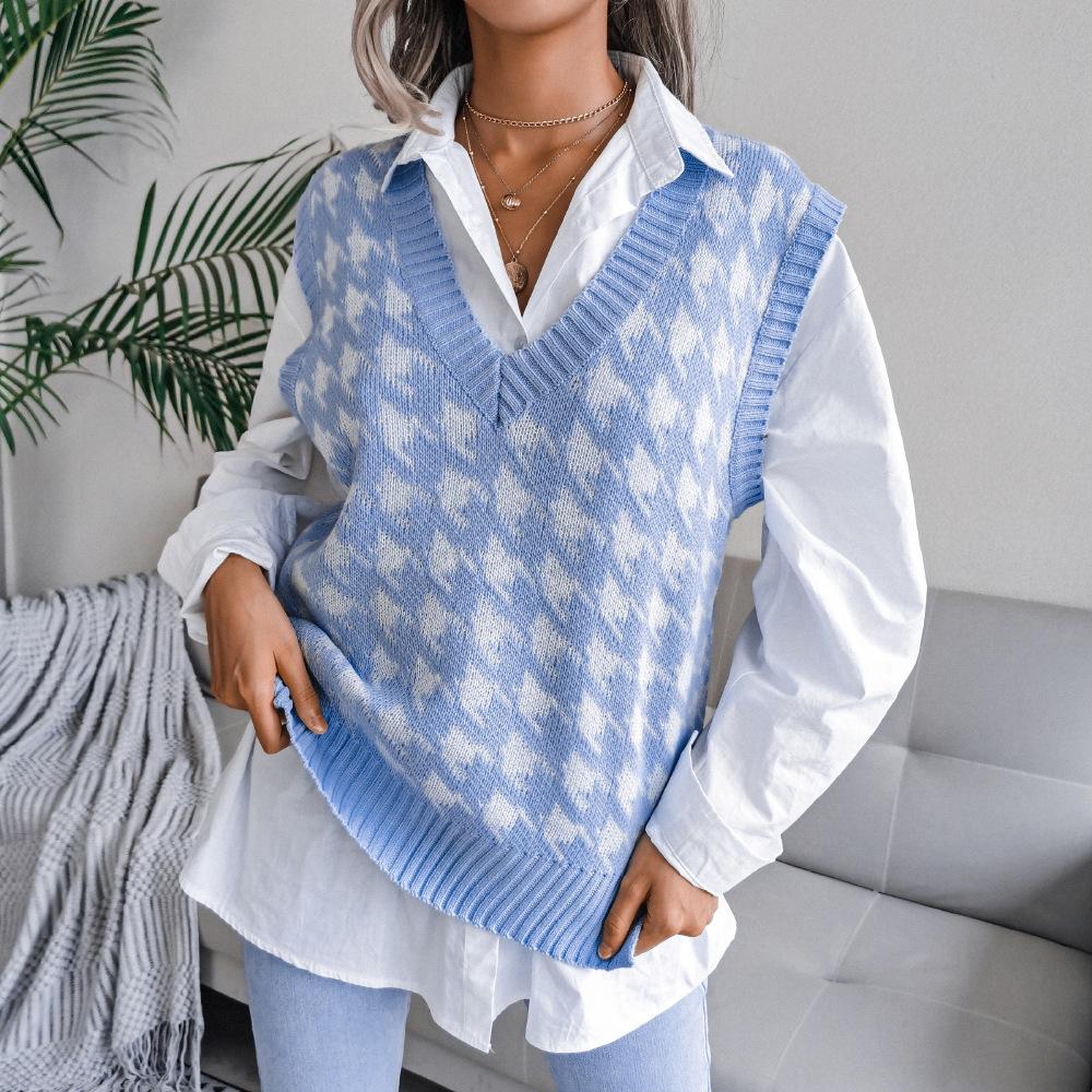 Women's Autumn and Winter V-neck Chibi Check Casual Loose Knitted Sweater Vest