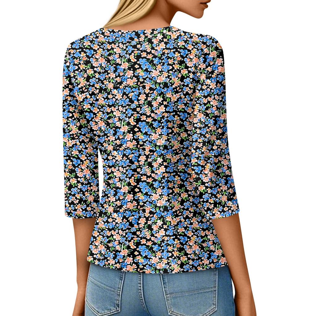 Women's Fashion Casual Three-quarter Sleeve Vintage Floral Print Round Neck Top