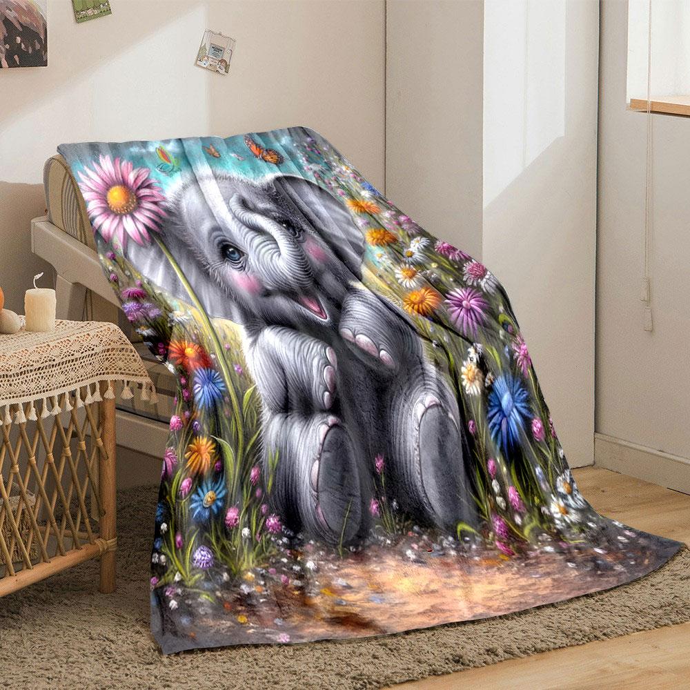Cute Baby Elephant in a Flower Field print blanket soft and cozy perfect for the living room bed sofa or a nap,gift