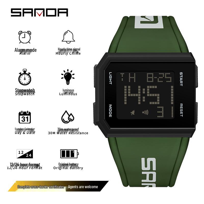 Sanda Модные молодежные многофункциональные цифровые электронные часы