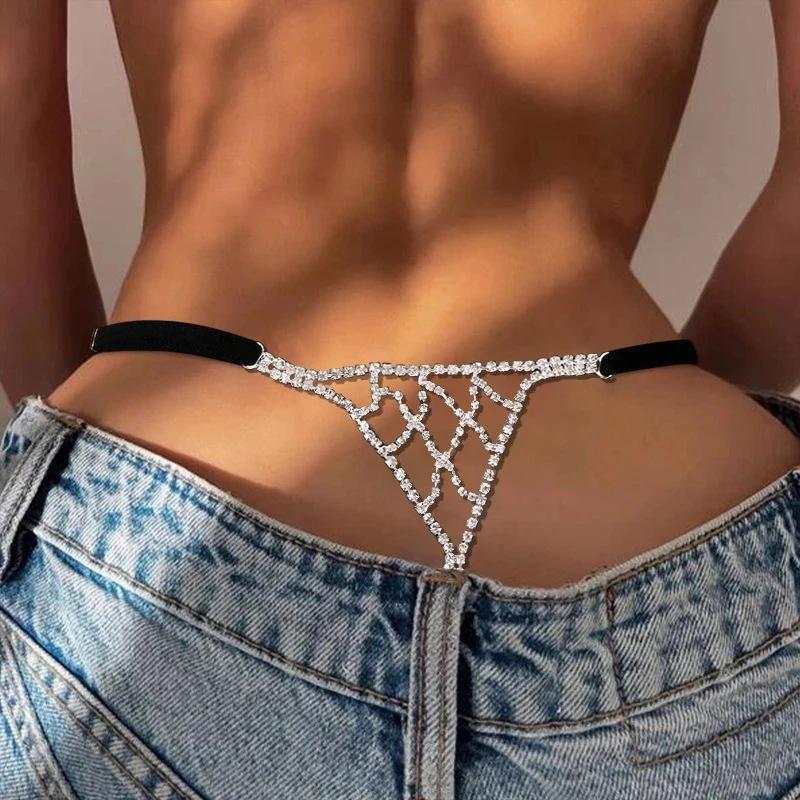 Sexy Rhinestone Mesh Chain Thong Panties for Women Simple Beach Nightclub Crystal Thong Underwear Waist Body Chain Jewelry