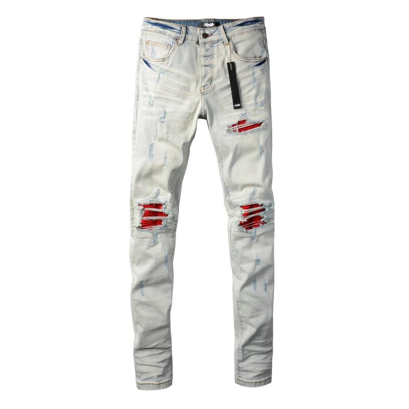 Mens Slim Fit Light Wash Jeans - High Street Streetwear With Distressed Holes Red Patches Stretch Denim