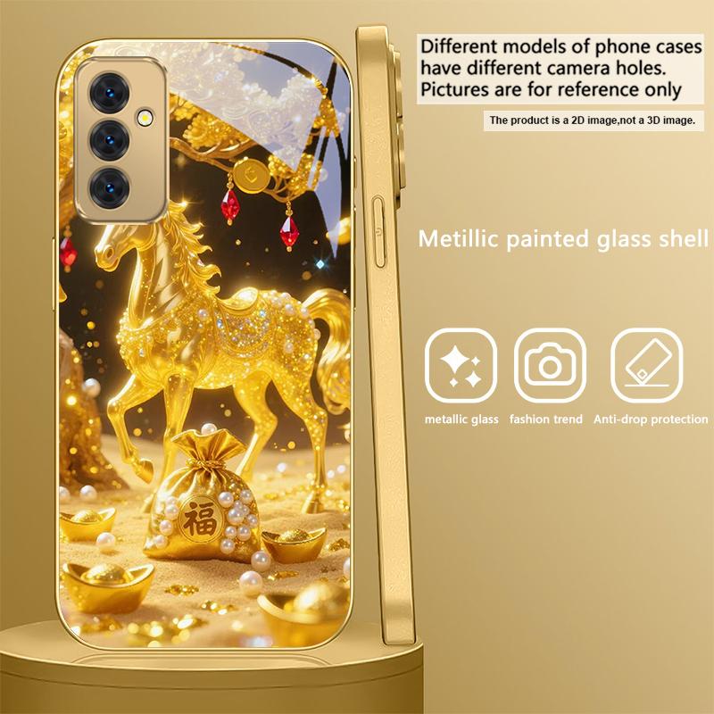 Золотая счастливая лошадь Для Samsung Galaxy S 21 S22 S23 Plus S24 Ultra S20 FE 25Ultra S21+ S9+ 22Plus Золотой стеклянный чехол для телефона