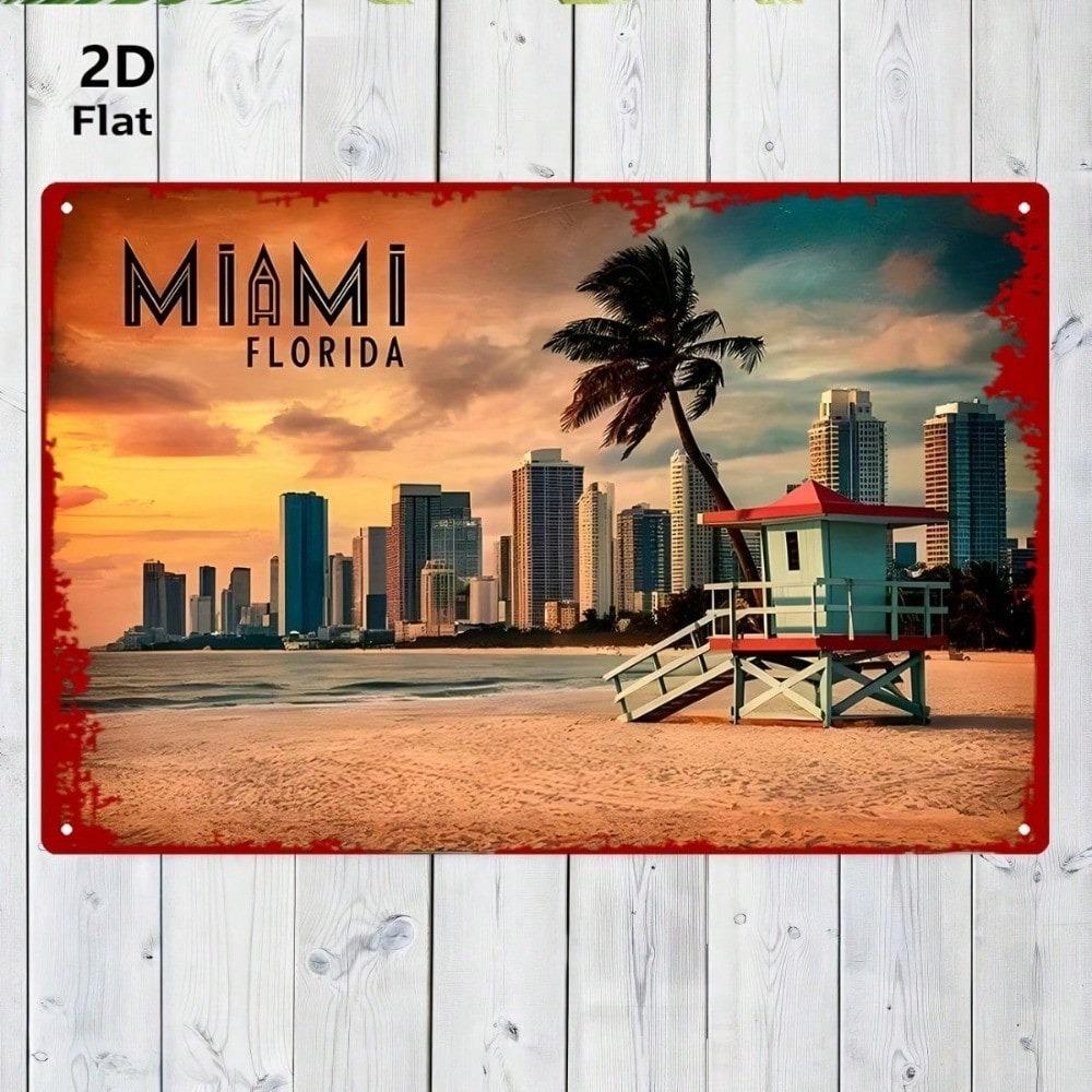 Vintage Miami Beach Florida Metal Wall Art 8x12 Retro Tin Sign South Beach Sunset Skyline Palm Trees Ocean View Home Decor