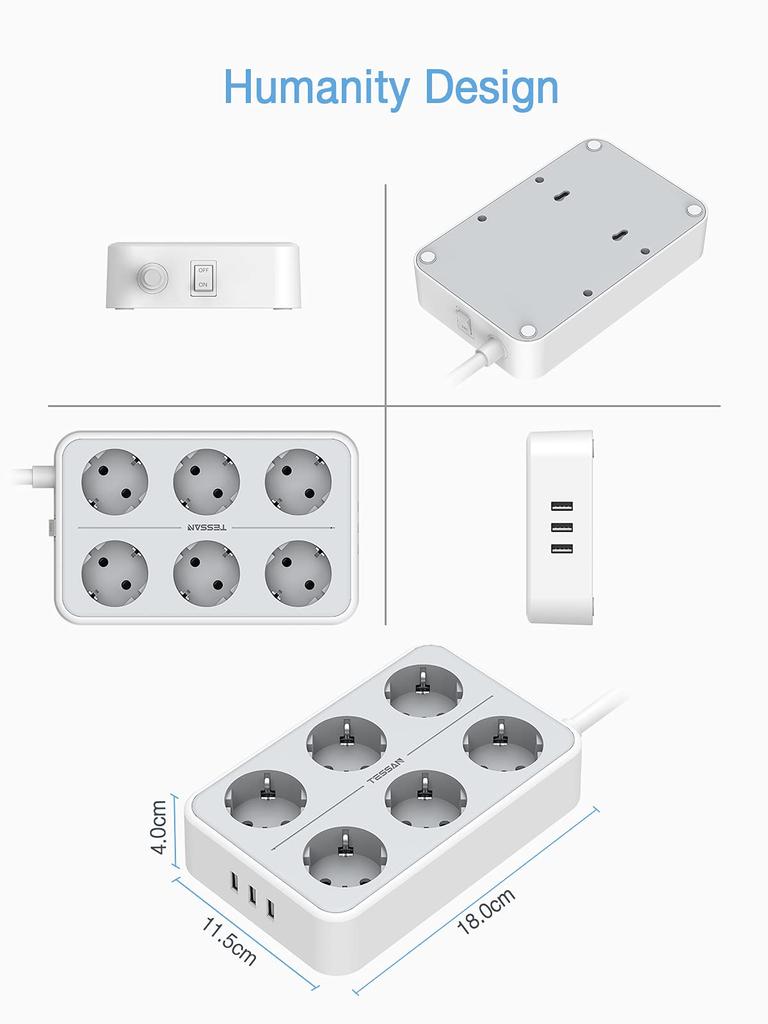 Tessan Удлинитель с несколькими розетками европейского стандарта и USB-портами, удлинительный кабель длиной 2 м, европейская многоконтактная электрическая розетка для дома