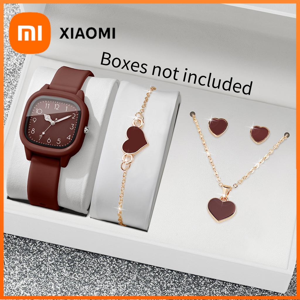 Xiaomi 5PCS Fashion Square Women Watches Heart Jewelry Set Casual Silicone Strap Sports Wristwatch Reloj Mujer Girls Gift (Without Box)