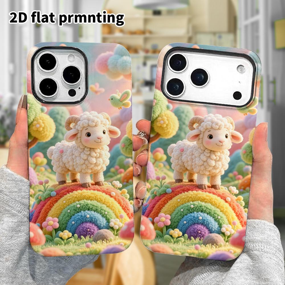 Phone case: 2D flat, suitable for iPhone 18, 17, 16, 15, 14, 13, 12 Pro protective case, rainbow hillside little sheep, perfect Christmas and Hallowee