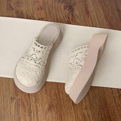 Модные женские летние тапочки 2024 года, новые кружевные сетчатые тапочки с выемками, юбка, хлопковые льняные сандалии, женские тапочки для отдыха на платформе