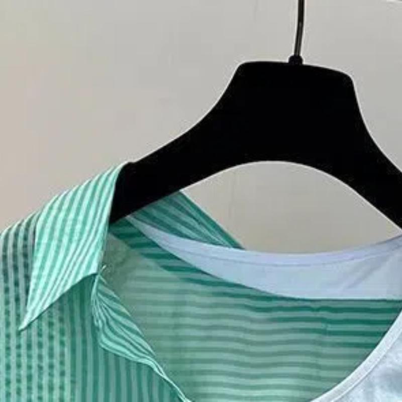 Лето 2024 Женская Повседневная Мода Элегантный Повседневный Сращенный Асимметричный Пуловер Полоска С Открытыми Плечами Шифоновая Рубашка с Коротким Рукавом