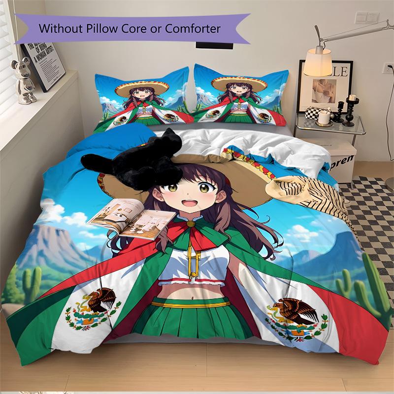 3pcs Mexican Cultural Celebration Bedding Set, Includes One Quilt Cover and Two Pillowcases, Bedroom and Guest Room Decoration. T723112