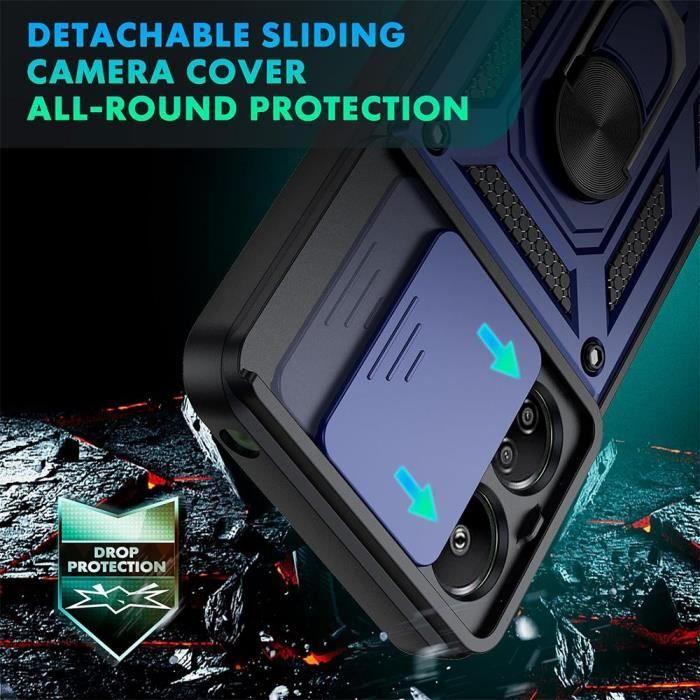 Coque et Verres Trempés - E.F.CONNECTION - Pour Xiaomi Redmi 13C - Bleu Marine - Antichoc - Cache Caméra Coulissant