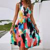 Women's Spring And Summer Casual V-Neck Sleeveless Waist Floral Print Midi Dress