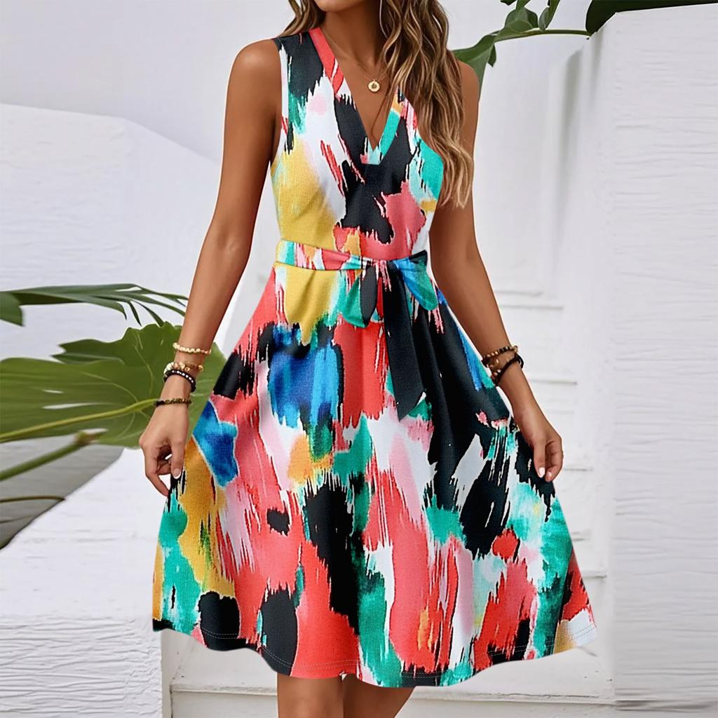 Women's Spring And Summer Casual V-Neck Sleeveless Waist Floral Print Midi Dress