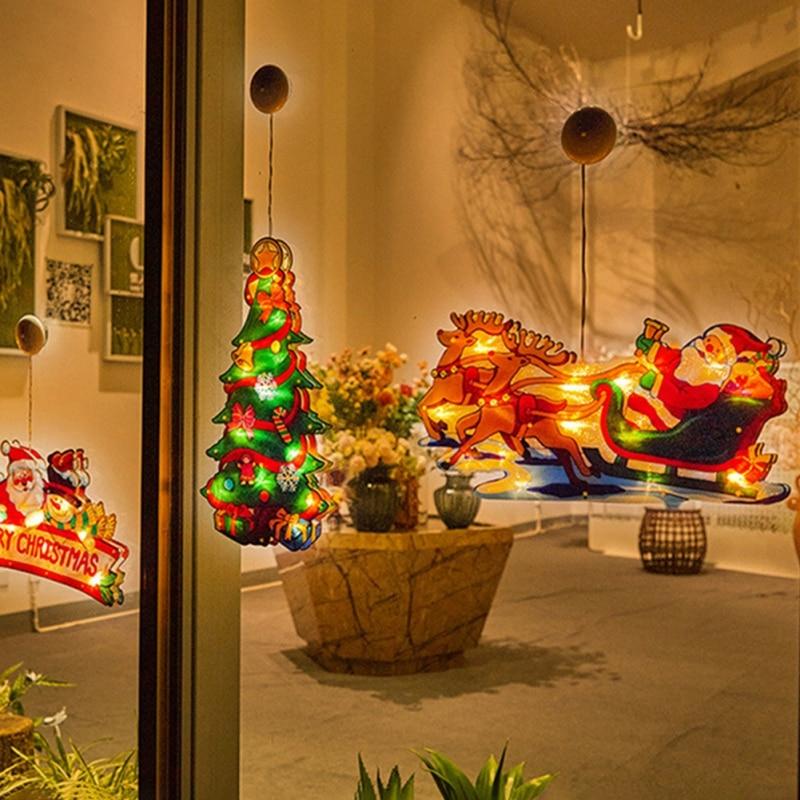 Рождественский светодиодный оконный подвесной светильник на присоске Лось Санта-Снеговик Рождественская елка Праздничная лампа Веселого Рождества светодиодные лампы для дома
