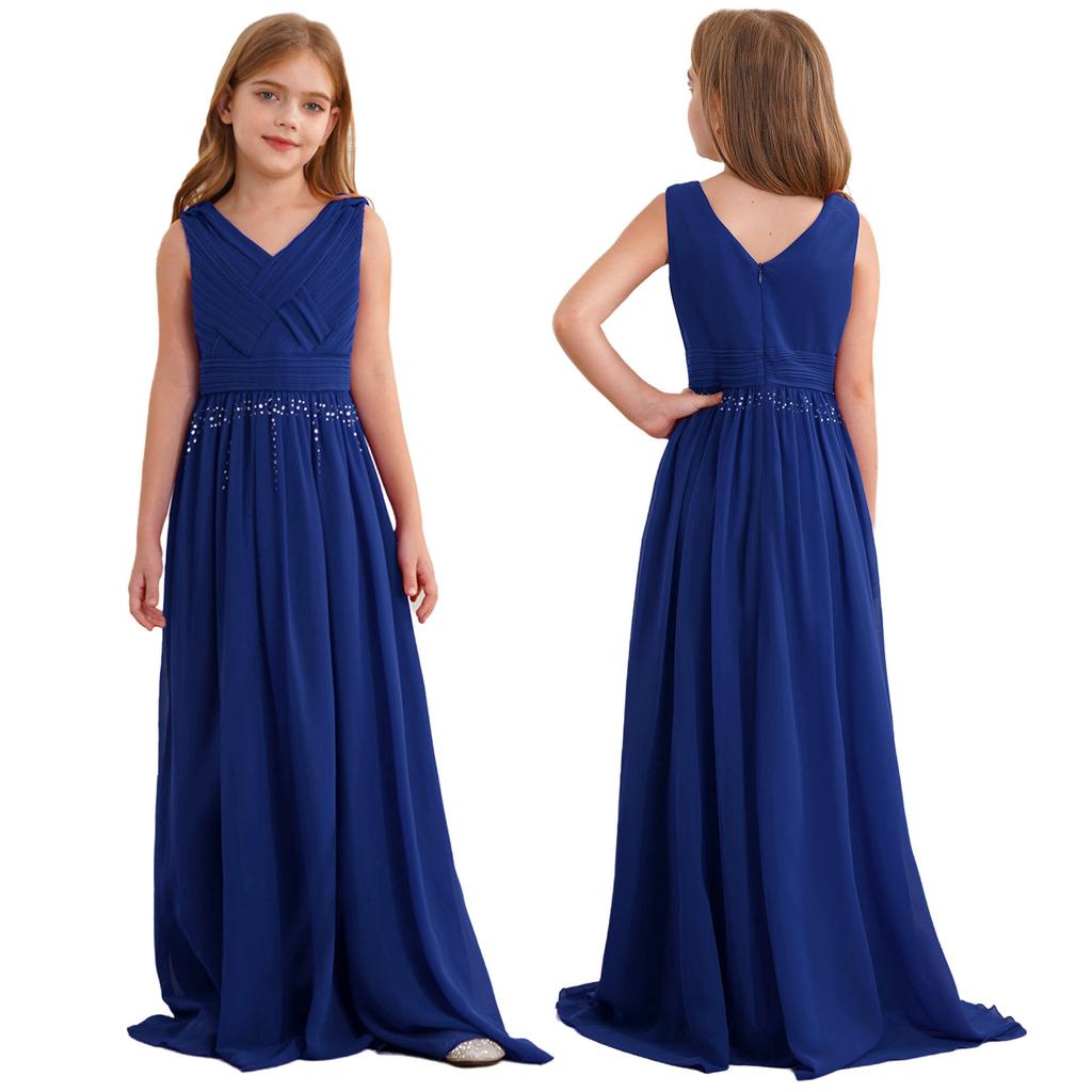 Girls Formal Party Gown V Neck Sleeveless Ruched Interwoven Chiffon Long Dress for Wedding Flower Girl Cocktail