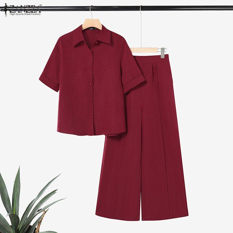 Women Short Blouse Sleeve Zanzea And Long Pants Casual Two Piece Suit Sets