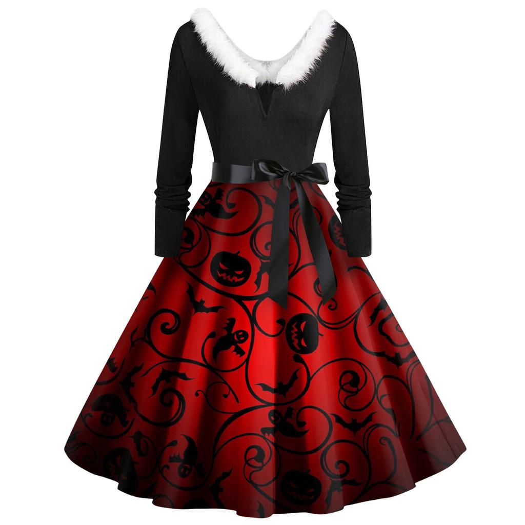 Женские повседневные модные платья с длинными рукавами и v-образным вырезом с принтом на Хэллоуин