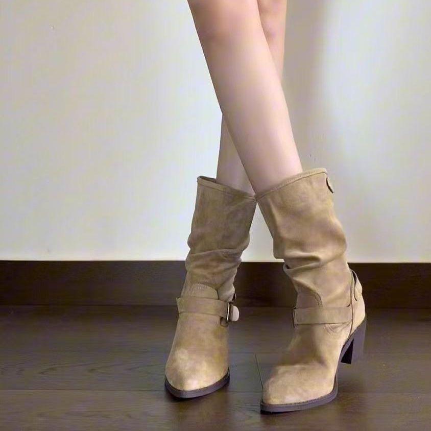 Ретро остроносые ботинки детские осенние новые модные с декоративной пряжкой-ремнем на толстом каблуке ботинки на меху женские