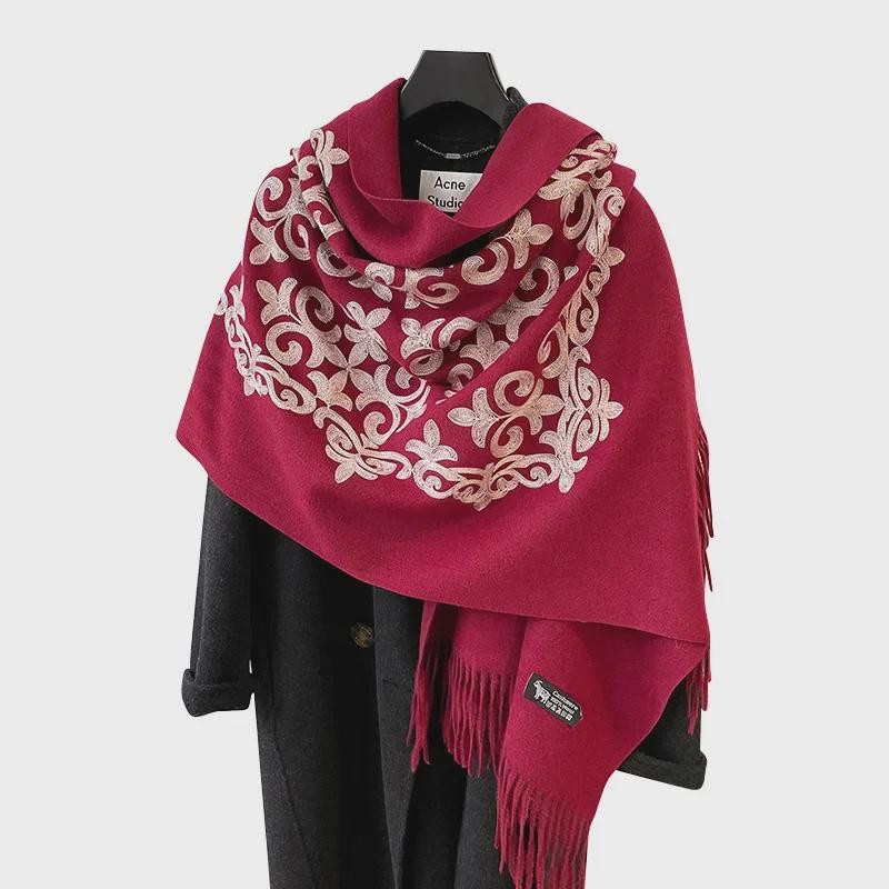2024 Retro Ethnic Style Embroidered Imitation Cashmere Scarf - Warm & Versatile Fashion for Autumn/Winter